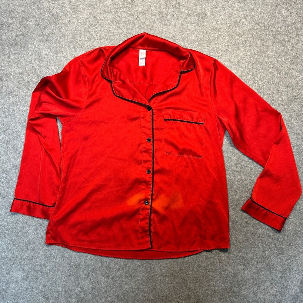 Stars Above Satin Pajama Top XS Red Contrast Piping Button Up Shirt